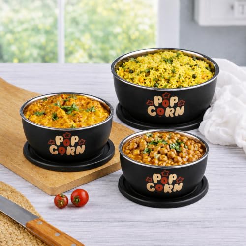 Image of Microwave Safe Stainless Steel Mixing Bowl Set with Lids - Set of 3 (500ml, 800ml, 1250ml) - Euro Style Food Storage Containers Classic Popcorn