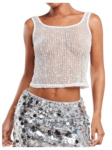SweatyRocks Women's See Through Sheer Tank Top Sleeveless Scoop Neck Knitted Crop Tops