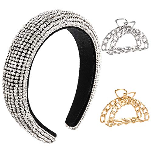 Rhinestone Padded Headband For Woman Velvet Wide Hairband Hair Hoop Metal Chain Banana Rectangle Hair Claw Clip Sparkling Party Wedding Headwear Hair Accessories (triangle haiclaw headband)