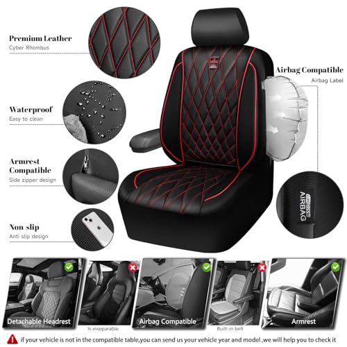 Image of CAR PASS Piping Luxury PU Leather Two Front Car Seat Covers, Waterproof Anti Slip Seat Covers Compatible with Front Seat Armrests,Universal Fit for Suvs,Vans,Trucks,Airbag Compatible(Black and Red)