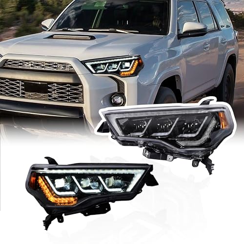 LED Triple Projector Headlights for 2014-2024 Toyota 4Runner 5th Gen TRD Limited Off-Road SR5 Sport Nightshade DRL High/Low Beam Lens Amber Side Marker Lights Sequential Turn Signal Headlamps LH+RH