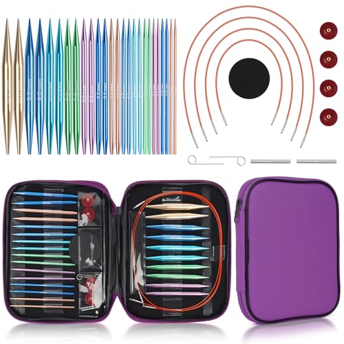 Reessy Circular Knitting Needles 13 Pair Interchangeable Circular Knitting Needle Set with Case & Accessories Round Knitting Needles for Handmade DIY Knit-Purple