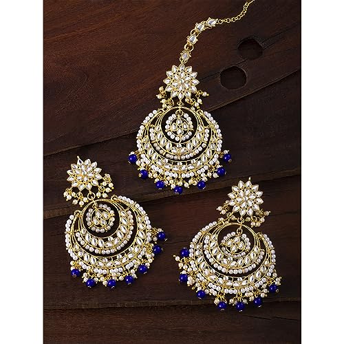 Image of Peora Traditional Jewellery Rhodium Kundan & Pearl Maang Tikka Earring Set for Women Girls