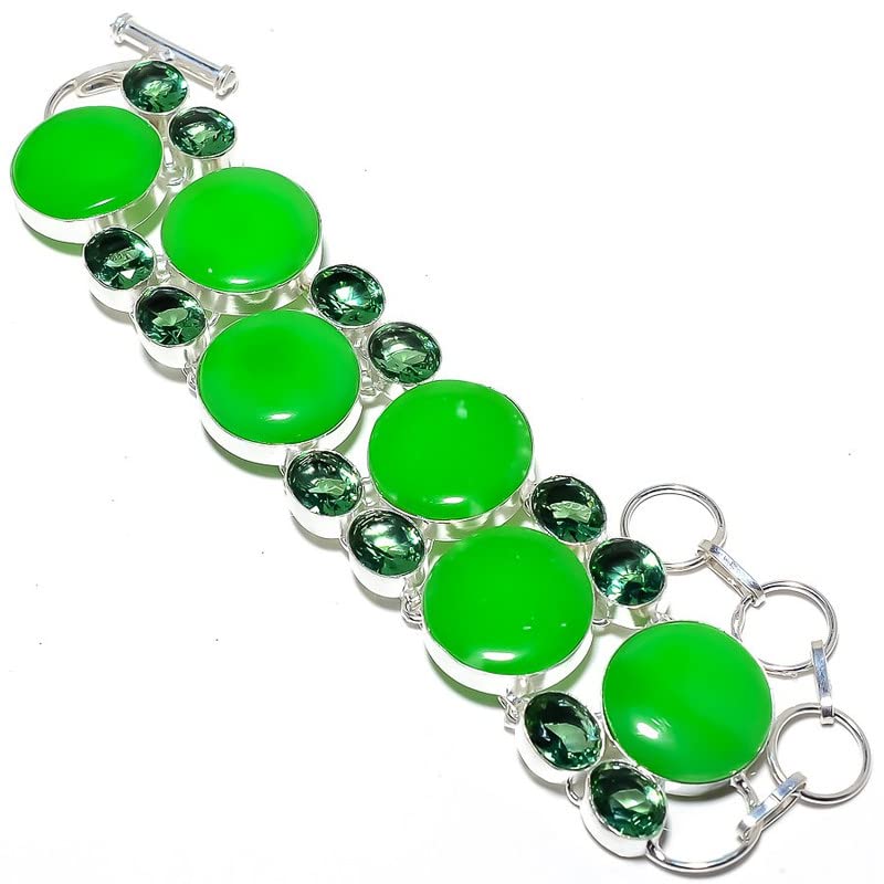 Bracelet en calcédoine verte et péridot fait main en argent pour femme