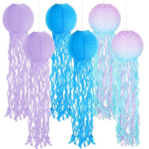 Image of Set of 6 Hanging Jellyfish Paper Lanterns Blue Jellyfish Decor for The Sea Ocean Party, Mermaid Birthday Decoration, Baby Shower, Nautical Events (Multi-Color 2)