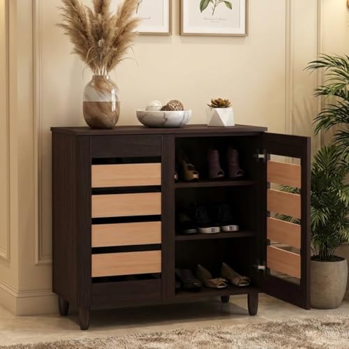 Image of Ever-Fresh Modern Dark Finish 2 Door Shoe Rack Cabinet | Engineered Wood | Ventilation Slots | Holds 15-20 Pairs | DIY Assembly (Oak and Wenge, Small)