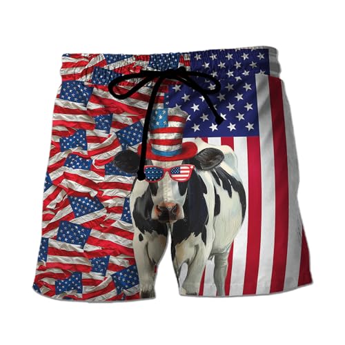 V-DECORPARKS Funny Cow Mens Swim Trunks - Patriotic Swimming Trunk for Men - Drawstring Beach Shorts, Mens Swim Shorts