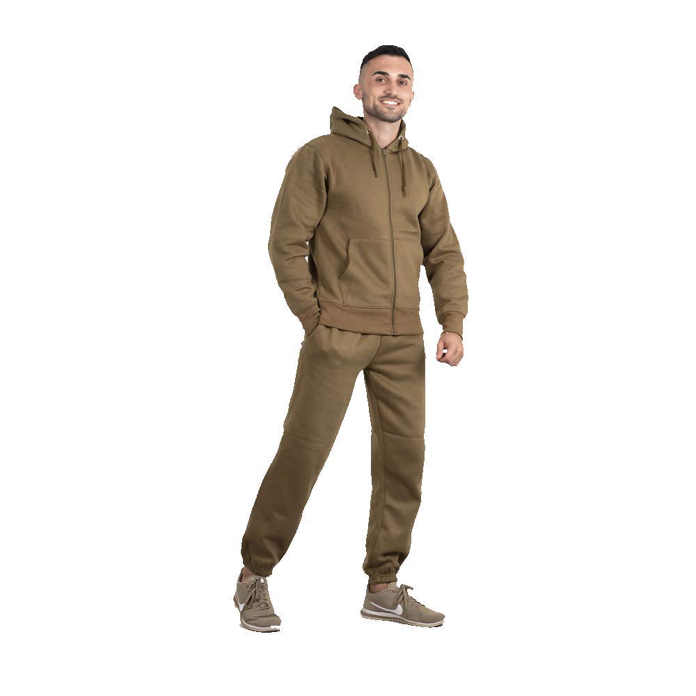 Mens Basic Tracksuit Boys Plain Jogging Bottom Tracksuits Zipped Track Top Fleece Hooded Tracksuit (UK, Alpha, XL, Regular, Regular, Khaki)