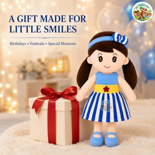 Image of Cute Doll 45 cm for Kids, Soft Plush Doll with Stylish Dress, Huggable Stuffed Toy for Girls and Boys, Birthday Gift, Room Decor, Pretend Play and Storytelling Companion, Blue Soft Toy