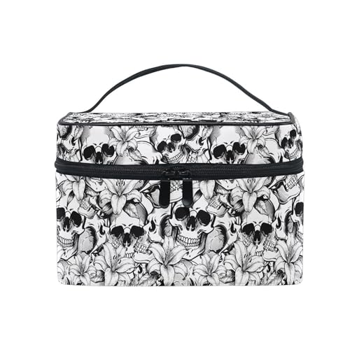 Mnsruu Goth Skull Makeup Bag, Gothic Skull Flowers Makeup Organizer Bags Toiletry Bag Box Travel Cosmetic Bag Make Up Train Case for Women Teen Girl Ladies