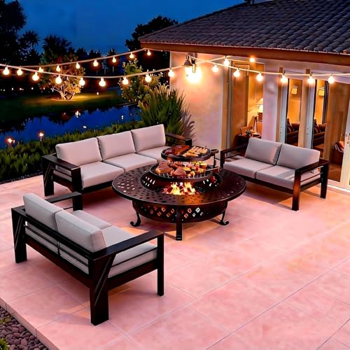 Image of 8 Pieces Outdoor Conversation Sets, Aluminum PatioCouch with Metal Fire Pit Table, All-Weather PatioCouch with 5 inch Thick Cushion, 43'' Firepit Outside Wood Burning with Adjustable 2 Grills, Light Gray
