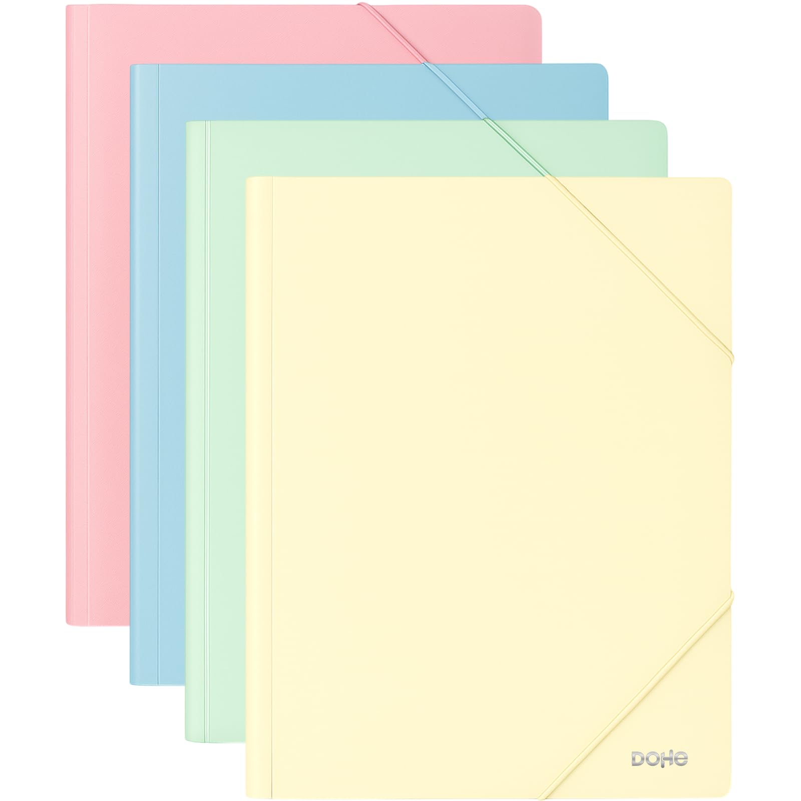 Dohe - A4+ Elasticated Folders with Flaps (Pack of 4) - Size 23.5 x 32 cm, Pastel Colours: Blue, Pink, Yellow and Green, Made from Durable Hard Plastic 600 Microns, School Supplies