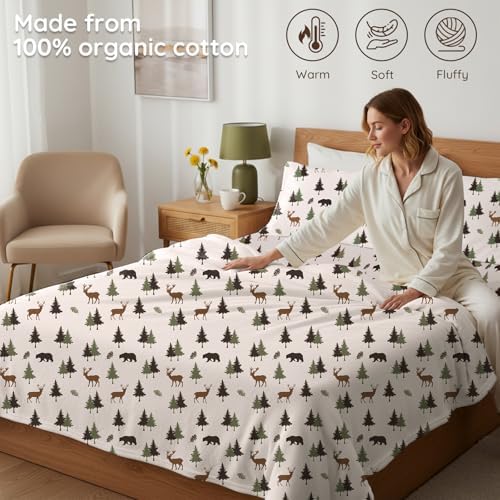 LONAVA 100% Cotton Flannel Sheet Set 4 Pieces, Heavy-Duty Fluffy Flannel Design, Thermal Lock Technology, 16 inch Deep Pocket Cozy Soft Bedsheets,(Queen,Fall Forest)