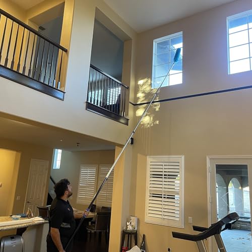 Image of 30 Foot High Ceiling Fan Duster with 6-24ft Extension Pole, Extendable Reusable Cobweb, Feather, Window Cleaning Squeegee Kit