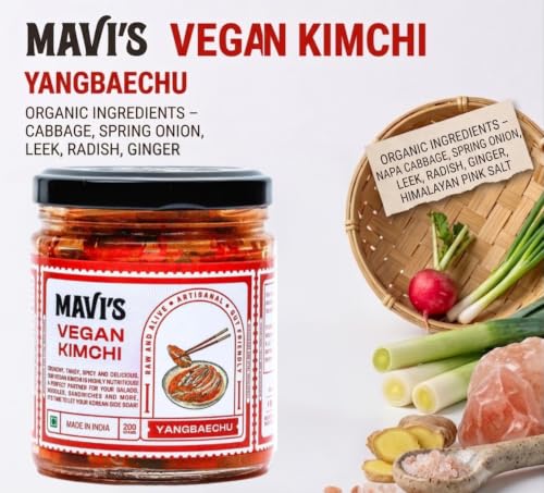 Image of MAVI's Veg Kimchi | Korean Cabbage Kimchi | Artisanal Probiotic Pickle | Vegan | No Preservatives, No Artificial Flavour or Colour | Pack of 1 (200g)
