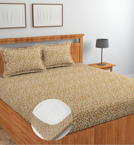 Image of NEW LEAF Glace Cotton Fitted King Size Double Bedsheets with 2 Pillow Covers | Elastic Fitted | Wrinklefree | Ultrasoft |Winter Bedsheet 220 tc tc Floral | 78 x 72+10 Inches, Beige