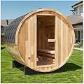 Smartmak Outdoor Wood Barrel Steam Sauna, 2 Person Home Traditional Canadian Hemlock Full View Wooden Spa Room, with 4.5KW Stove, Rocks, Triple Waterproof System, Asphalt Shingles,195 ? US Instock