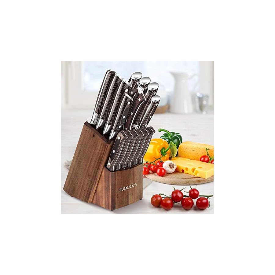 Kitchen Knife Set, 16-Piece Knife Set with Built-in Sharpener and Wooden Block, Precious Wengewood Handle for Chef Knife Set, German Stainless Steel Knife Block Set, Ultra Sharp Full Tang Forged