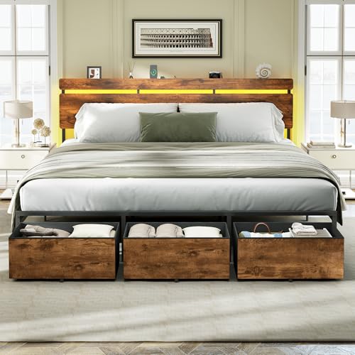 Image of Forestell King Size Bed Frame with Wood Headboard, Metal Platform Bed with 3 Storage Drawers & Shelf, Built-in Charging Station & LED Lights, No Box Spring Needed, Vintage Brown, Camas King