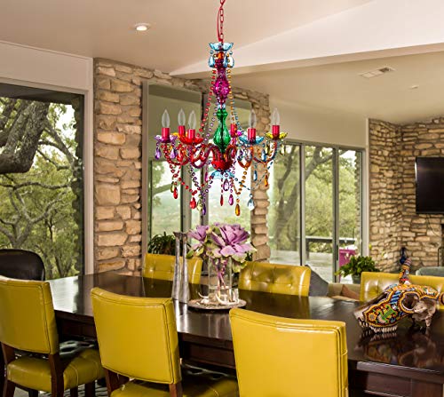 Image of The Original 6 Light Multi Color Gypsy Chandelier H26 inch W22 inch, Red Metal Frame with Multi Color Acrylic Crystals