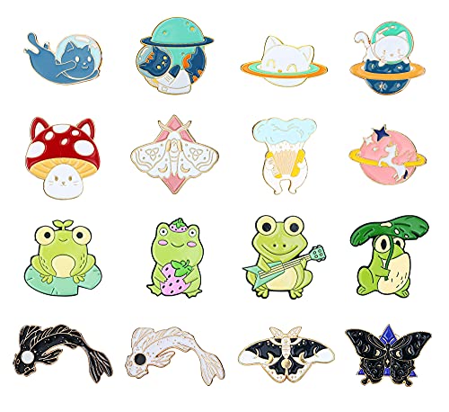 FIBO STEEL 12 16 Pcs Enamel Pin Brooches for Women Teens Cute Frog Fish Cats Mushroom Hat Brooches Pins Sets for Clothes Bags Backpack