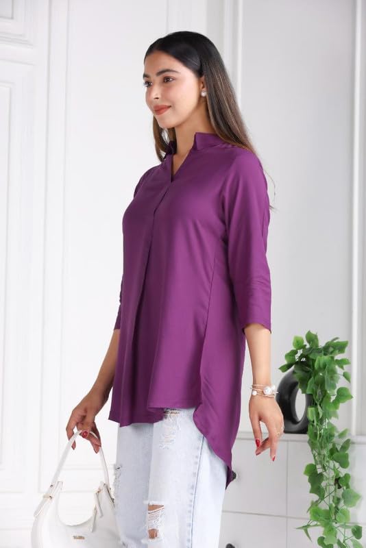 Image of Mlada Rayon Flare Top for Women | 3 /4th Sleeve Regular Fit and Flare Top | Women Office Tops Tunic | Western Long Shirt Top for Women | Shirt Collar Top for Women | Rayon Tunic Tops for Women Western