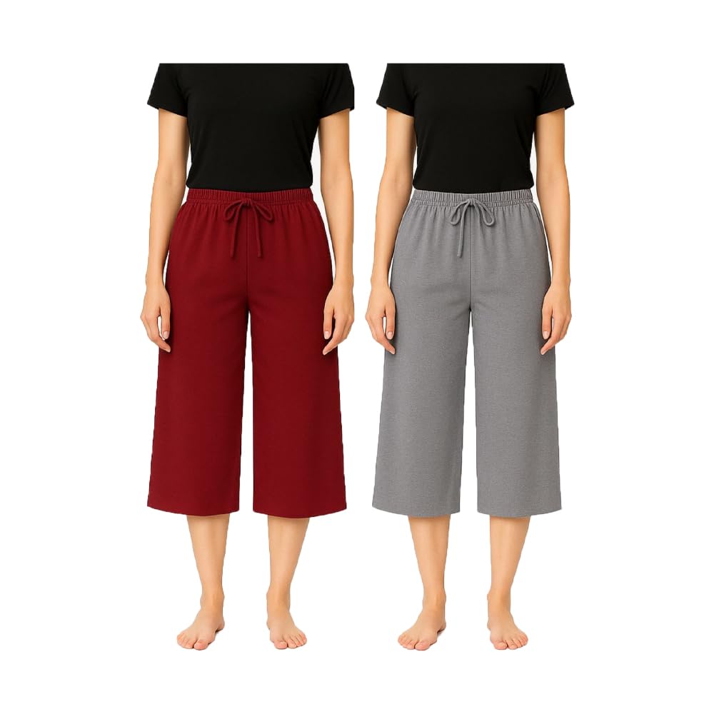 Womens Cotton Plain Loosefit Capri, 3/4th Capri, Trousers For Girls 2Pack (Grey, Marrone)-picture-36