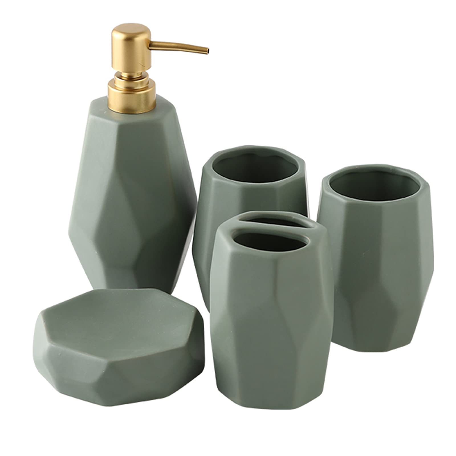 Juegos De Accesorios De Baño De Lujo con Luz Nórdica, Accesorios De Baño Cerámico con Dispensador De Jabón, Plato De Jabón, Soporte para Cepillo De Dientes, Taza,Verde,5Pcs
