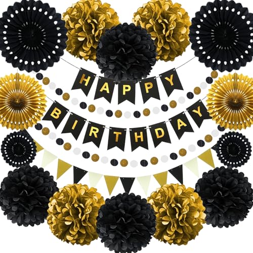Party Decoration Black and Gold Birthday Decoration Gold and Black Paper Fans Banner Bunting Pom Poms for Birthday Party Graduations Wedding Happy New Years Décor 18 Pcs