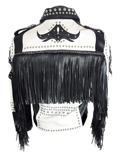 Mens Tribal Rock Punk Rivet Gothic Studded Motorcycle Fringes Biker Leather Jacket-Black White Western Style Jacket3