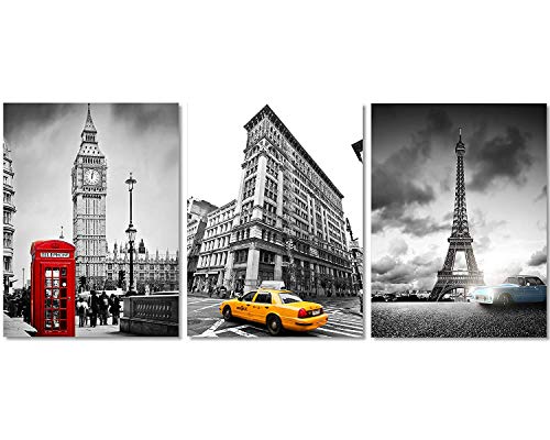 Tutubeer 3 Pcs Black And White With Eiffel Tower Blue Car Paris Canvas Big Ben Red Telephone Booth In London Wall Art Decor New York Yellow Cab 3 Panel Colorful Cityscape Canvas Framed Ready To Hang #TOP1