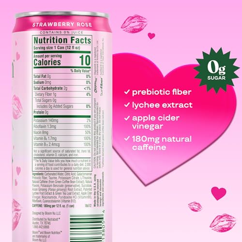 Image of Bloom Nutrition Sparkling Energy Drink - Natural Caffeine, Zero Sugar, 180mg Caffeine - Antioxidant-Rich with Green Coffee Bean, Green Tea Extract, Prebiotics - Strawberry Rose - 12 oz (12 Pack)