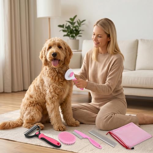 Image of 5PCS Dog Brush Grooming Kit with Self Cleaning Slicker Brush, Pink, | Deshedding Brush Kit for Dogs & Cats, Ideal for Short Long Hair, Daily Detangling & Home Bath Massage (5-in-1 Set)