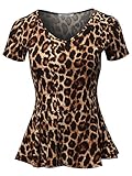 SSOULM Women's Flare Peplum Blouse - Short Sleeve Stretchy Fit and Flare Top, Classic Casual Shirt Leopard M