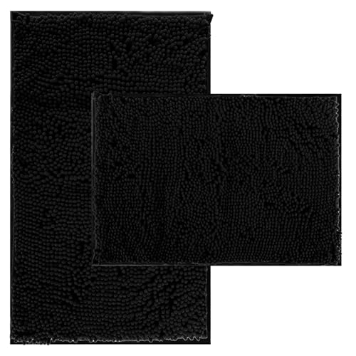 RUN HELIX Bathroom Rugs Set 2 Piece Thick Chenille Bath Mats, Soft Quick Dry Plush Absorbent Bath Rugs with Non-Slip PVC Backing, 32x20+24x16 Inch Black