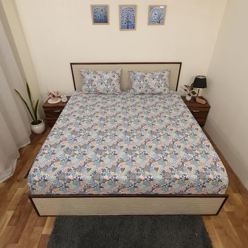 Image of King Size Bedsheet - Garden Floral Print - 108 x 108 Inches - Brushed Microfiber Flat Sheet with Pillow Covers - Soft, Cooling, Wrinkle & Fade Resistan