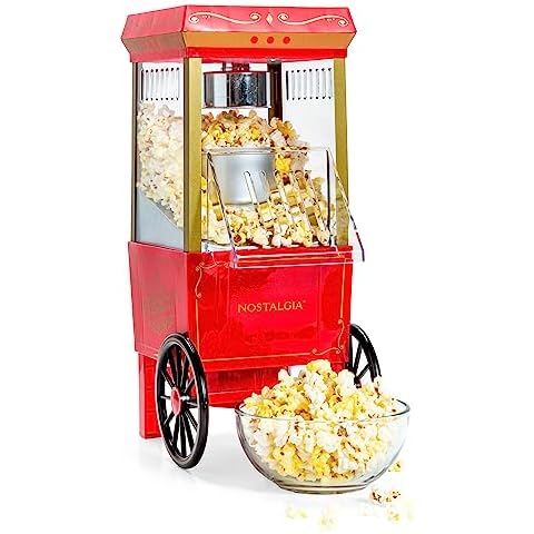 Nostalgia Vintage Hot-Air Popcorn Maker Machine - Makes Up to 12 Cups - Oil-Free - Healthier Popcorn - Classic Stand-Up Cart With Wheels - Includes Kernel Measuring Cup - Red Cover