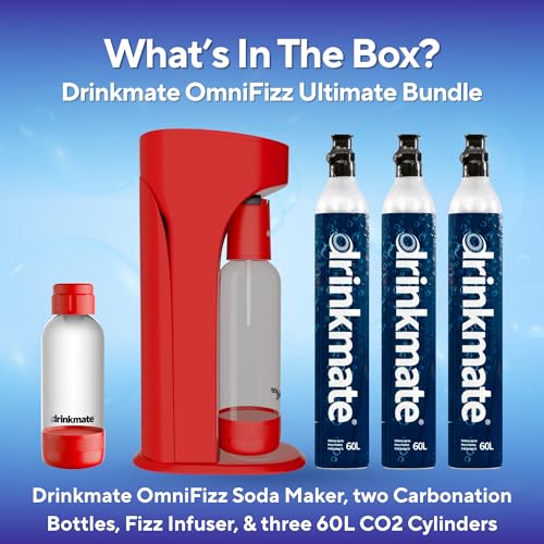Image of Drinkmate OmniFizz Sparkling Water Maker & Soda Streaming Machine | Carbonates Any Drink | ULTIMATE BUNDLE | Includes Three 60L CO2 Cartridges + Two BPA-Free Bottles (Royal Red)