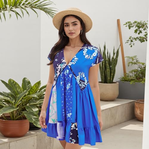 Image of SOOKABEILA Women's Boho Mini Dress Y2k Floral Print Deep V-Neck Puff Sleeve Short Dress 2025 Summer Loose Beach Sundress
