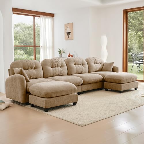 Image of KEIKI 140 inch U-Shaped Oversized Chenille Modular Sectional Sofa with 2 Ottoman, High-Density Foam Cushions, Tufted Pleated Cushion Backrest, Modern 4-Seater Couch with 2 Pillow, for Living Room, Camel