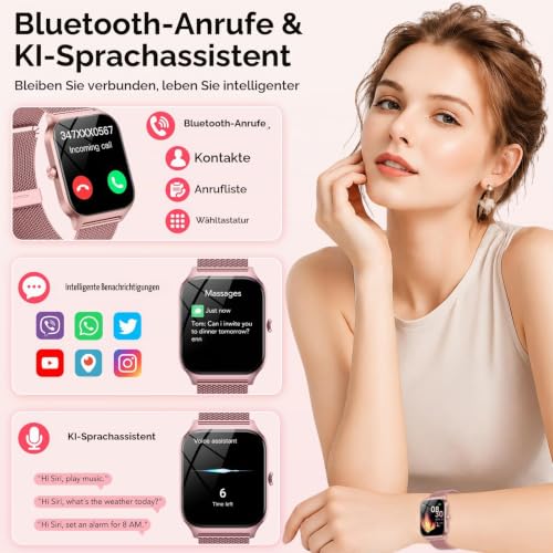 Smartwatch Damen mit Telefonfunktion(2 Strap), 1.85" HD Uhren mit Herzfrequenz/SpO2/Schlafmonitor/Schrittzähler, 120+ Sportmodi Fitnessuhr… – Ansicht 2
