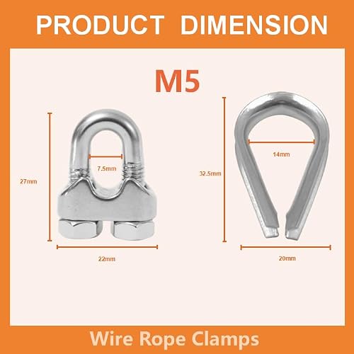 Lyrlidr 8 Pcs M5 Wire Rope Clamps Cable Clamps 4 Pcs 3/16\" Wire Rope Thimble U Bolt Saddle Fastener 304 Stainless Steel Cable Clamps