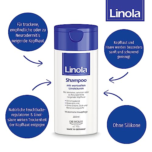 Linola Shampoo, 1 x 200 ml - Pflegeshampoo für trockene, empfindliche oder zu Neurodermitis neigende Kopfhaut - silikonfrei, ohne Farb-, Duft- und Konservierungsstoffe – Bild 3