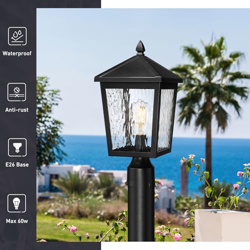 Image of zeyu Large Lamp Post Light Fixture, 16.1 Inch Outdoor Post Lamps for House Garden, Die-Cast Aluminum with Water Ripple Glass, Black Finish, 20076P BK-WP