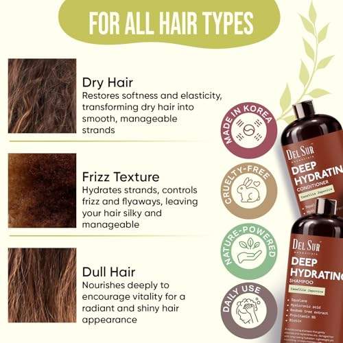 Image of DEL SUR Hydrating Shampoo and Conditioner Set | 16 fl oz Each | with Camellia Japonica, Squalane, Hyaluronic Acid, Baobab Extract & Biotin | Deep Moisture for Dry, Damaged Hair