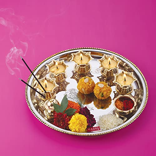Image of HAZEL Stainless Steel Pooja Aarti Thali Set | Gold & Silver Finish | 28 cm Festive Thali with 5 Diyas & Incense Stand | Elegant Gift for Rituals