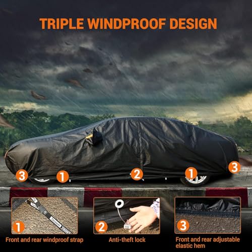 Image of Tecoom All Weather Car Cover Waterproof Windproof Hail Protector with Fleece Lining & Zipper Door, UV Sun Protection, Fit for Sedan (170 inch-190 inch), Black