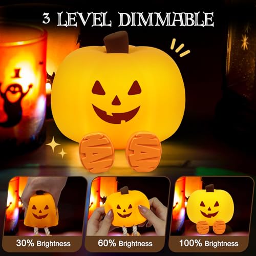 Pumpkin Night Light for Kids Cute Jack O Lantern Halloween Decor Nightlight for Baby Nursery Toddler Squishy Pumpkin Lights Cordless Rechargeable Dimmable Silicone Bedside Lamp Halloween Gifts - Image 5