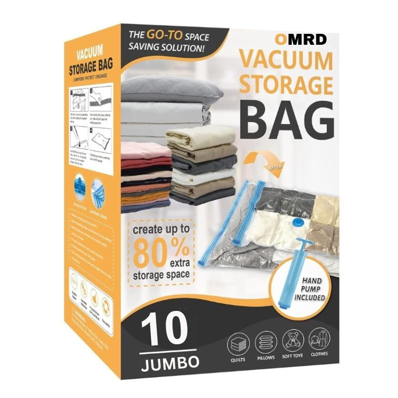 Image of 10 Jumbo Vacuum Bags for Travel, Space Saver Bags Compression Storage Bags,Storage Vacuum Sealer Bags for Clothes Storage, Vaccine Packing Bag Size (10 JUMBO (70x100cm) - WITH HANDPUMP)