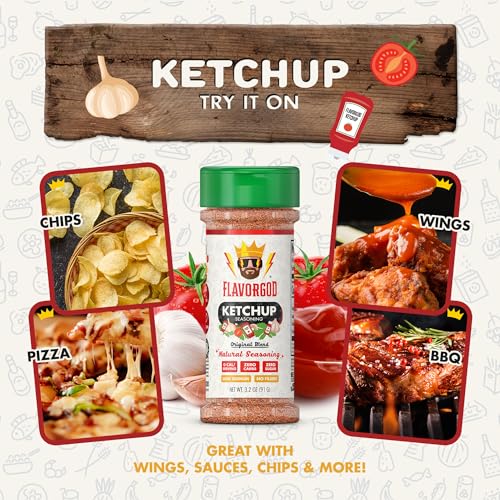 Image of Flavor God 2 Bottles Ketchup Seasoning Mix Natural Healthy Spice Blend For Grilling Chicken, Beef, Seafood, Vegetables, Salad, Tacos, Pizza & Burgers, Kosher, Gluten & Dairy Free, Vegan Keto Friendly